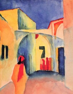 August Macke: Blick in eine Gasse (Guardare in un vicolo), anno 1914, tecnica ad acquerello, 29 × 22,5 cm., Städtisches Museum, Mülheim (note: Künstlergruppe Der Blaue Reiter).